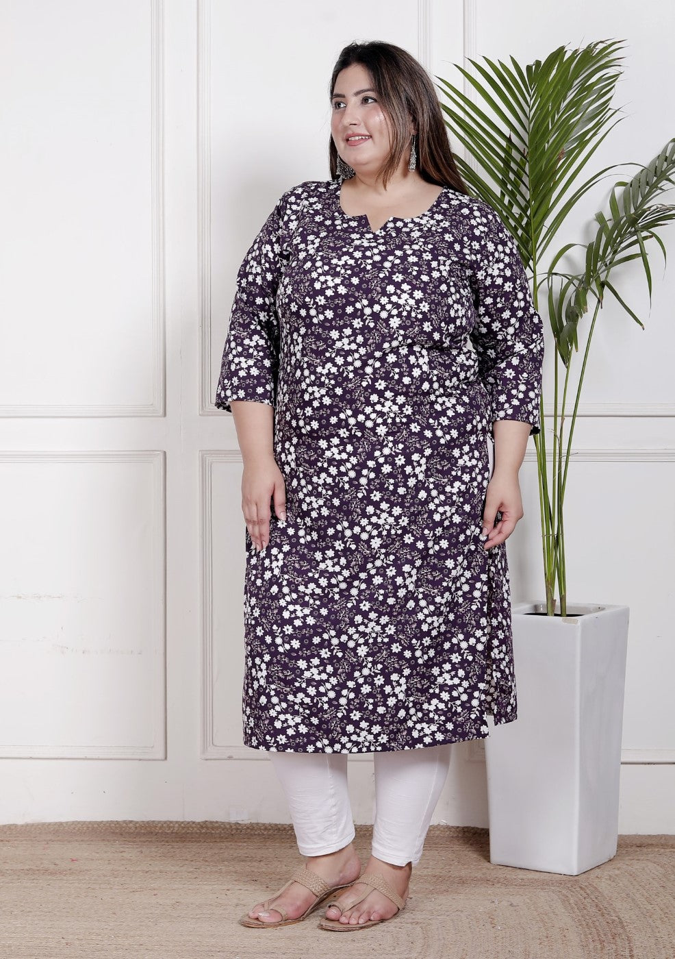 Plus Size Poly Crepe Floral Print  Straight Kurta Purple-100058