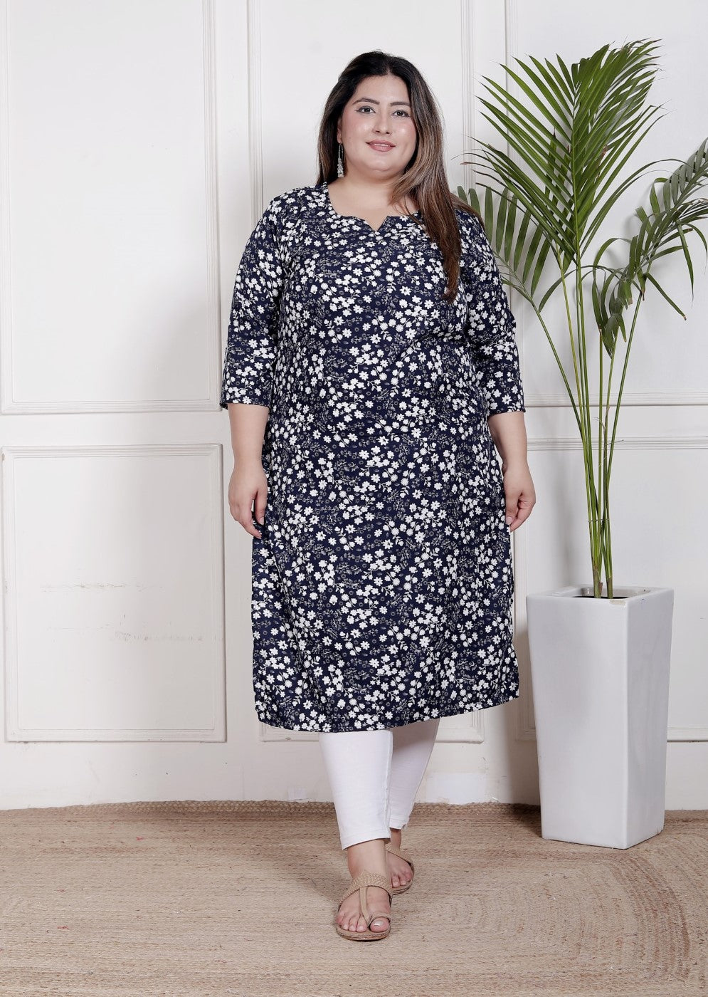 Plus Size Poly Crepe Floral Print  Straight Kurta Blue -100059