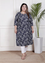 Plus Size Poly Crepe Floral Print  Straight Kurta Blue -100059