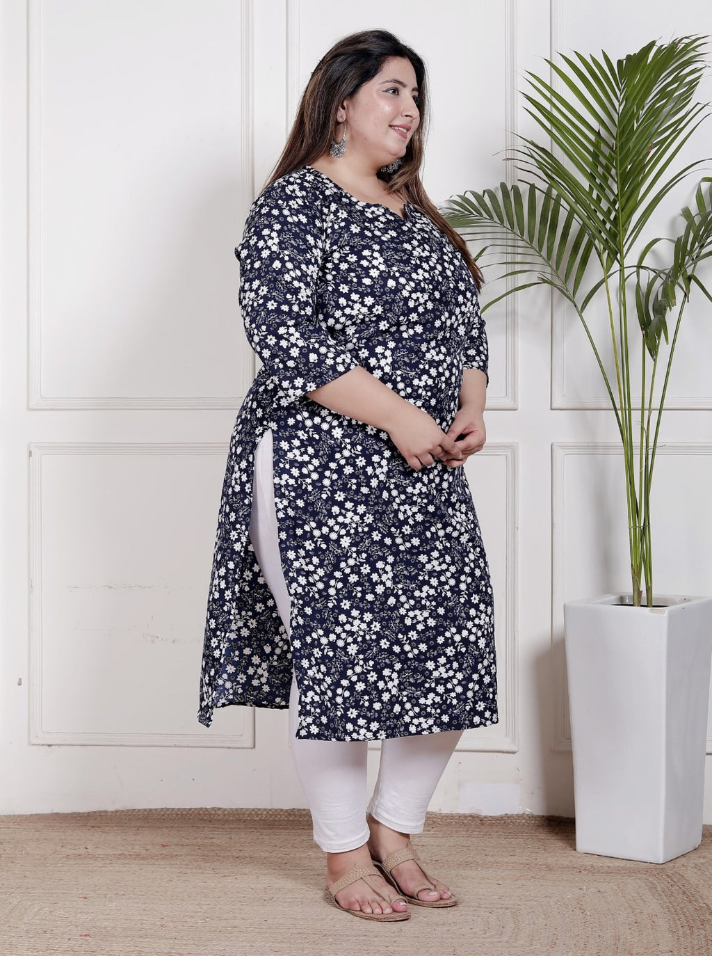 Plus Size Poly Crepe Floral Print  Straight Kurta Blue -100059