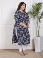 Plus Size Poly Crepe Floral Print  Straight Kurta Blue -100059