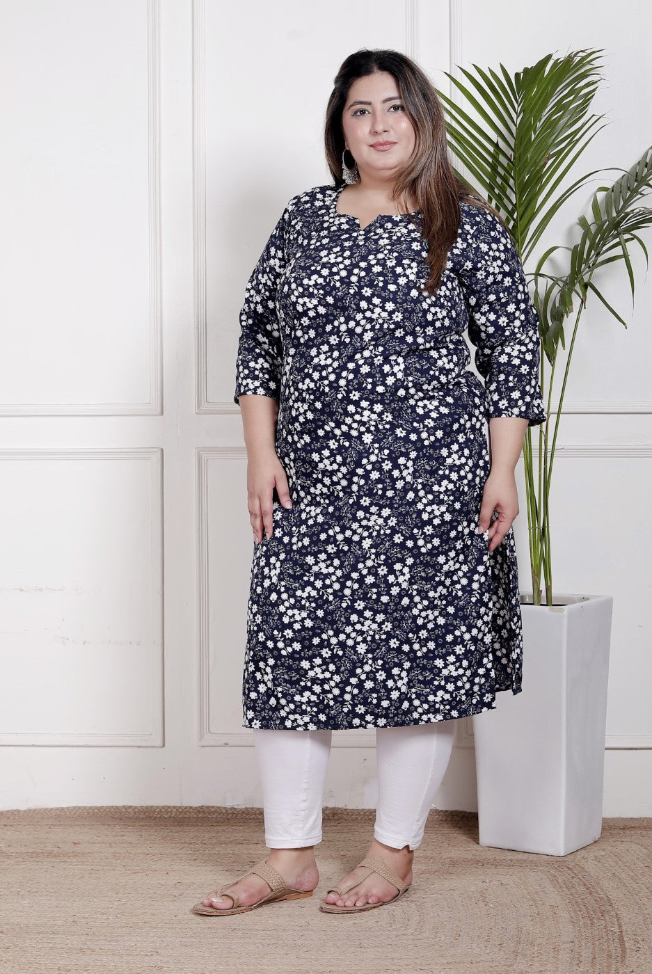 Plus Size Poly Crepe Floral Print  Straight Kurta Blue -100059