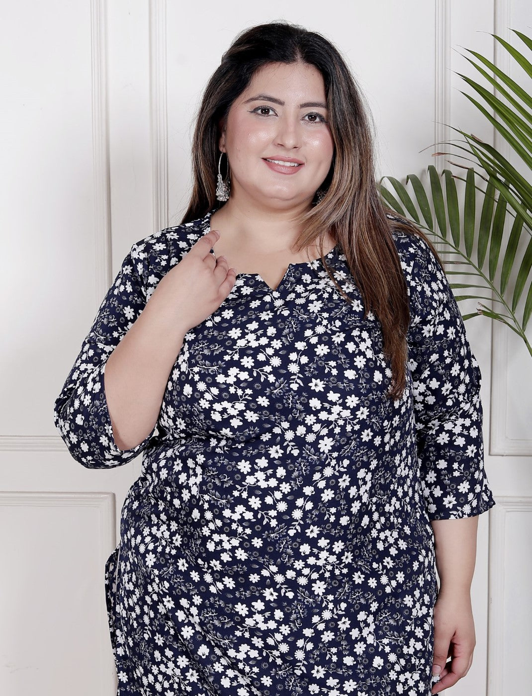 Plus Size Poly Crepe Floral Print  Straight Kurta Blue -100059