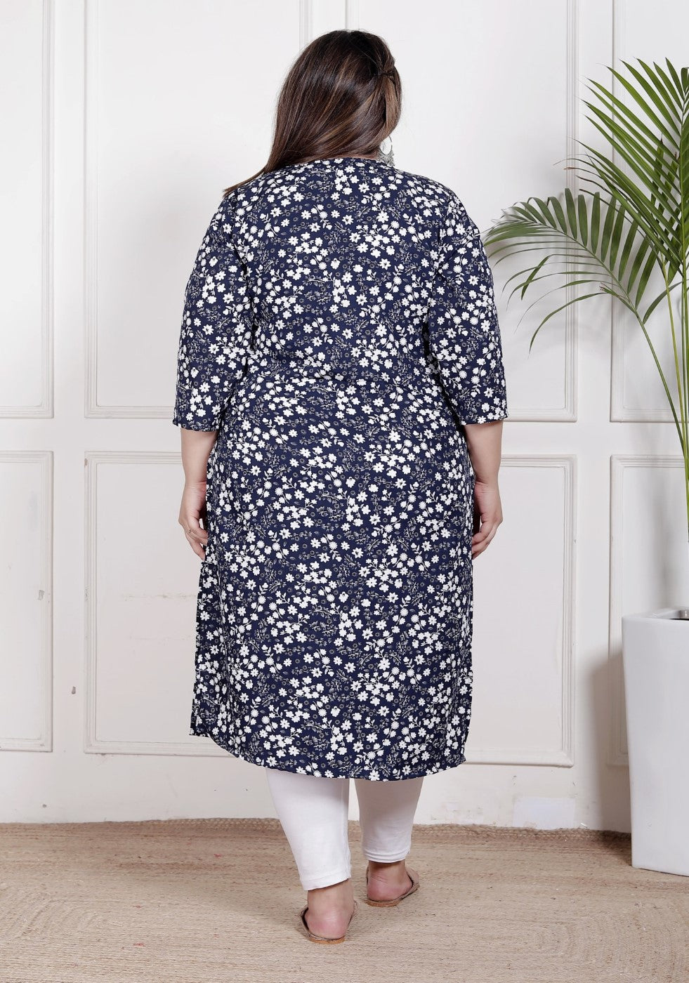 Plus Size Poly Crepe Floral Print  Straight Kurta Blue -100059