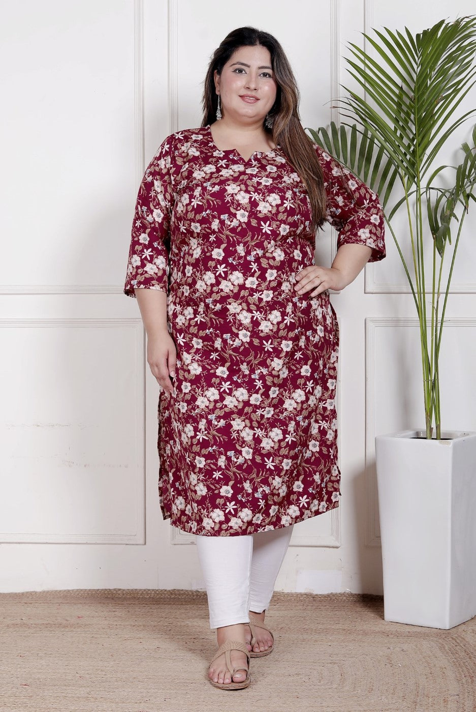 Plus Size Poly Crepe Floral Print  Straight Kurta Red-100060 Secondary image