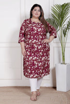Plus Size Poly Crepe Floral Print  Straight Kurta Red-100060