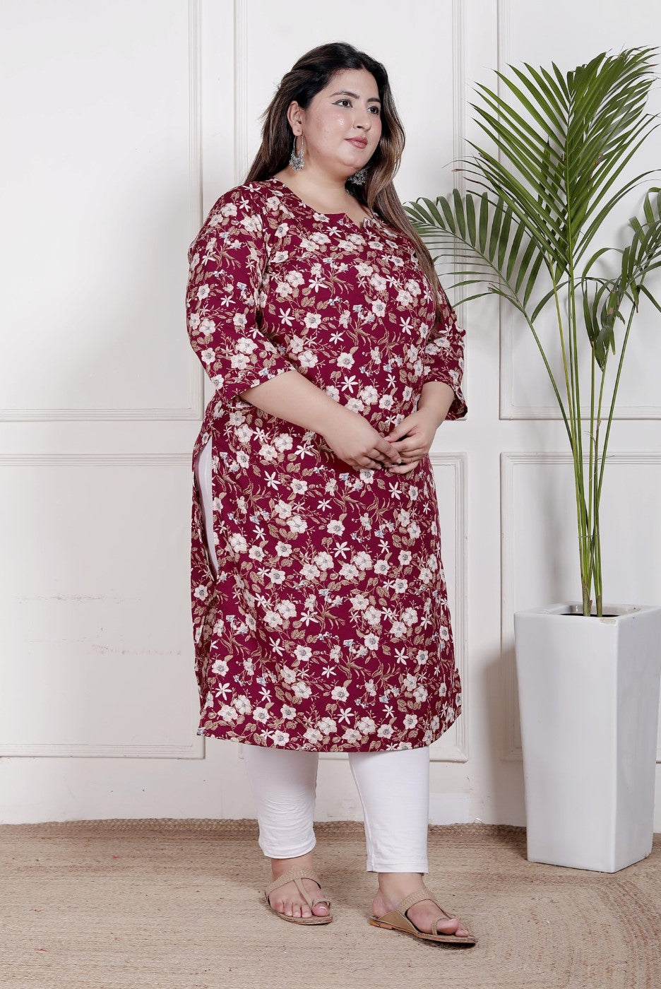 Plus Size Poly Crepe Floral Print  Straight Kurta Red-100060