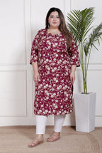 Plus Size Poly Crepe Floral Print  Straight Kurta Red-100060