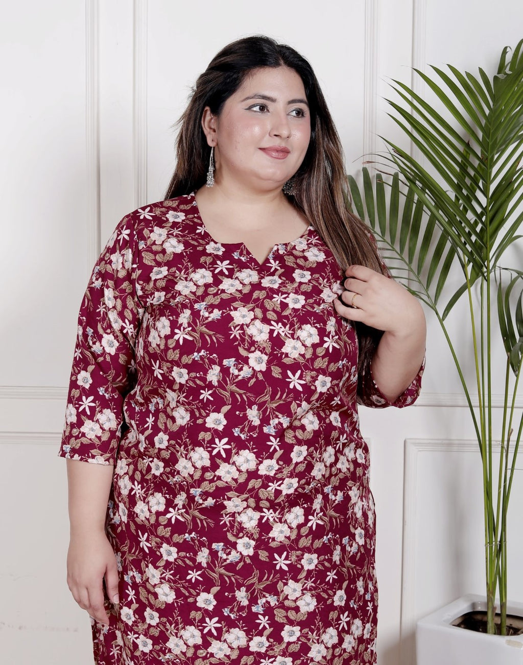 Plus Size Poly Crepe Floral Print  Straight Kurta Red-100060