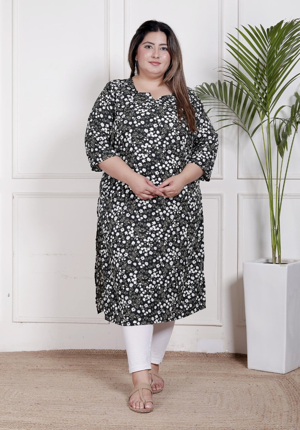Plus Size Poly Crepe Floral Print  Straight Kurta Green-100061