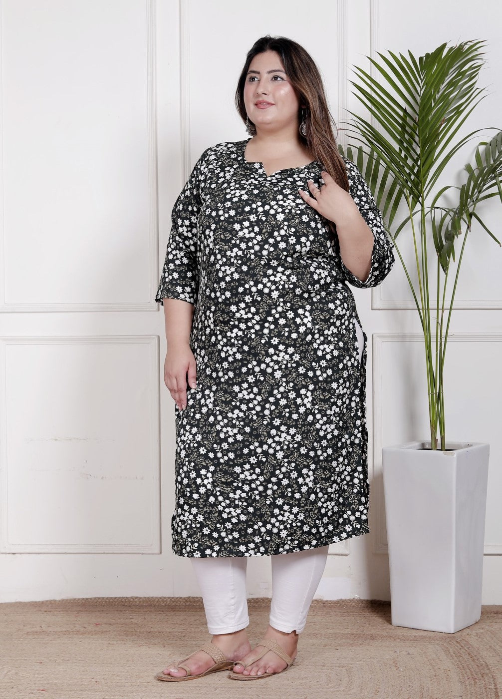 Plus Size Poly Crepe Floral Print  Straight Kurta Green-100061
