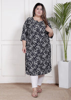 Plus Size Poly Crepe Floral Print  Straight Kurta Black-100062