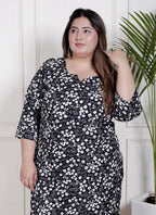 Plus Size Poly Crepe Floral Print  Straight Kurta Black-100062
