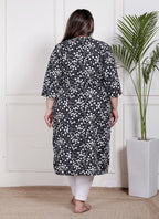 Plus Size Poly Crepe Floral Print  Straight Kurta Black-100062