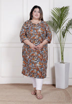 Plus Size Poly Crepe Floral Print  Straight Kurta Blue -100063