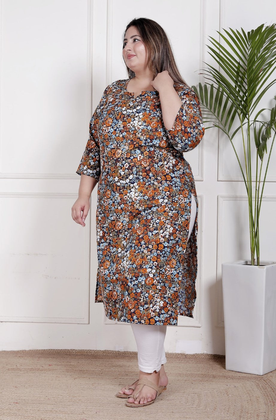 Plus Size Poly Crepe Floral Print  Straight Kurta Blue -100063