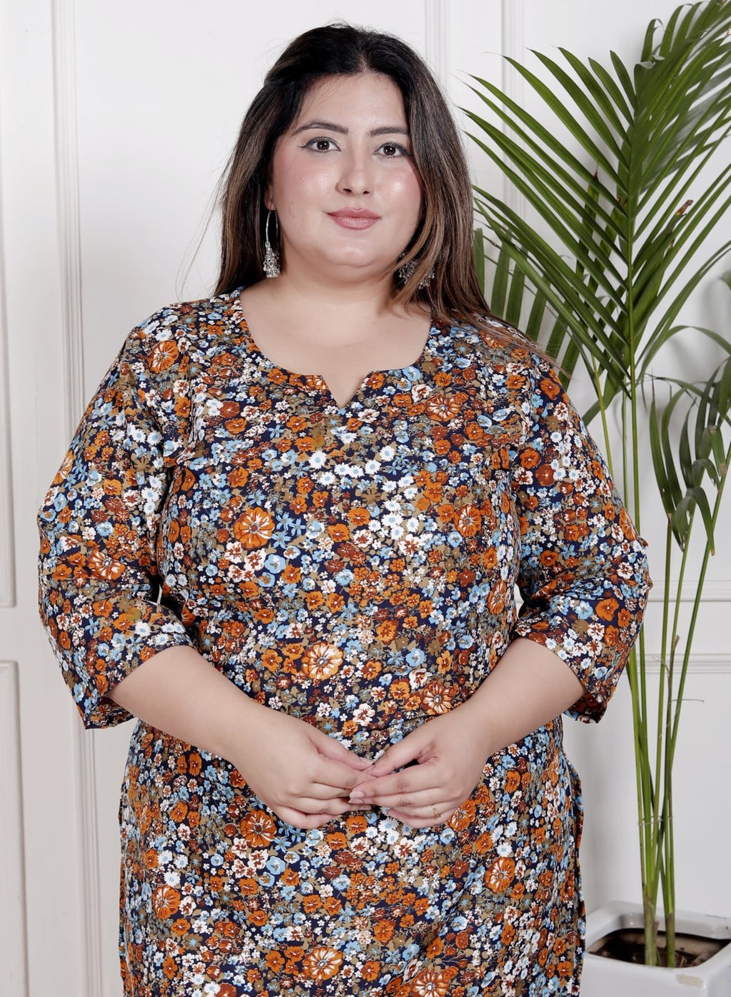 Plus Size Poly Crepe Floral Print  Straight Kurta Blue -100063