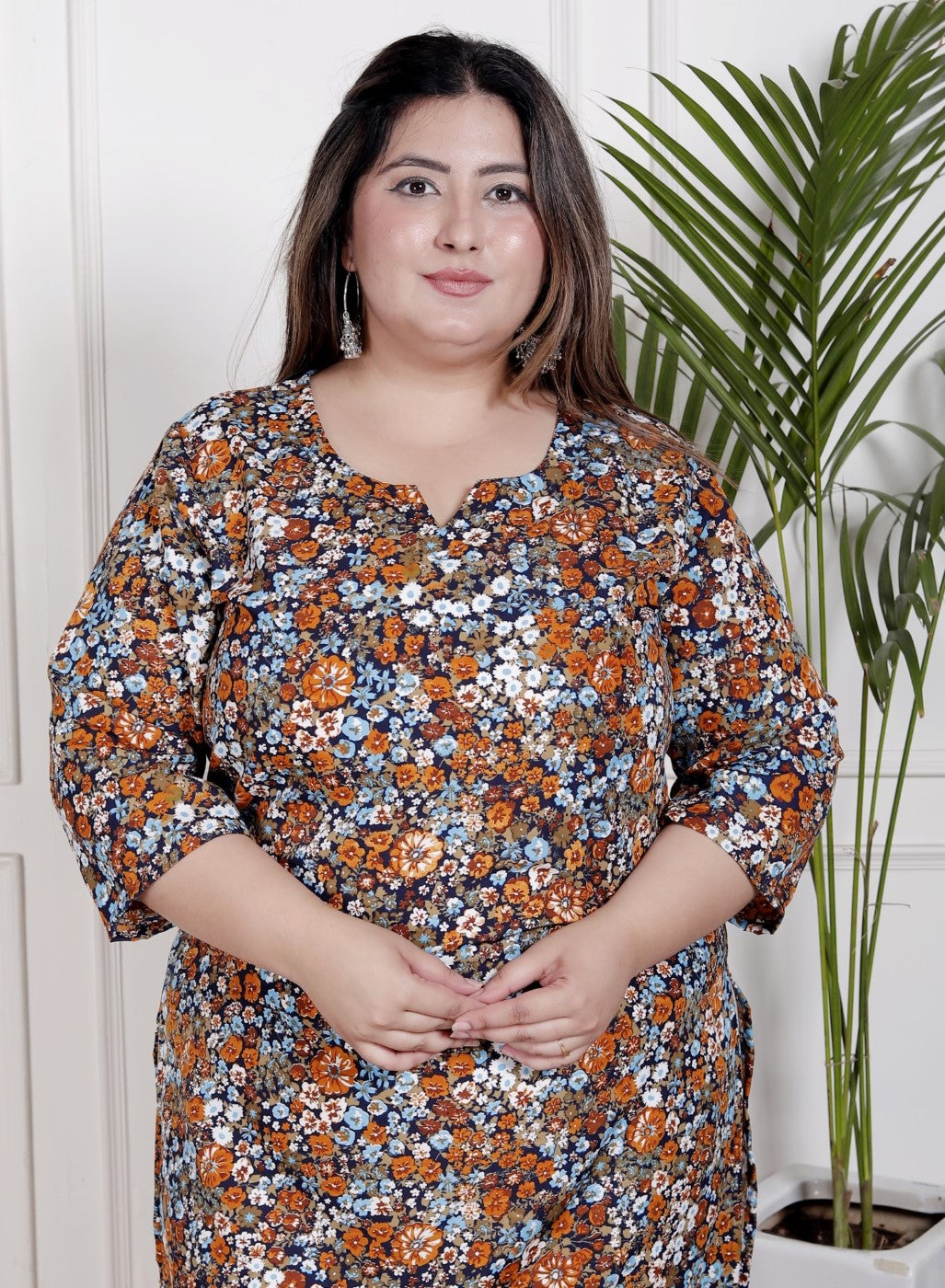 Plus Size Poly Crepe Floral Print  Straight Kurta Blue -100063