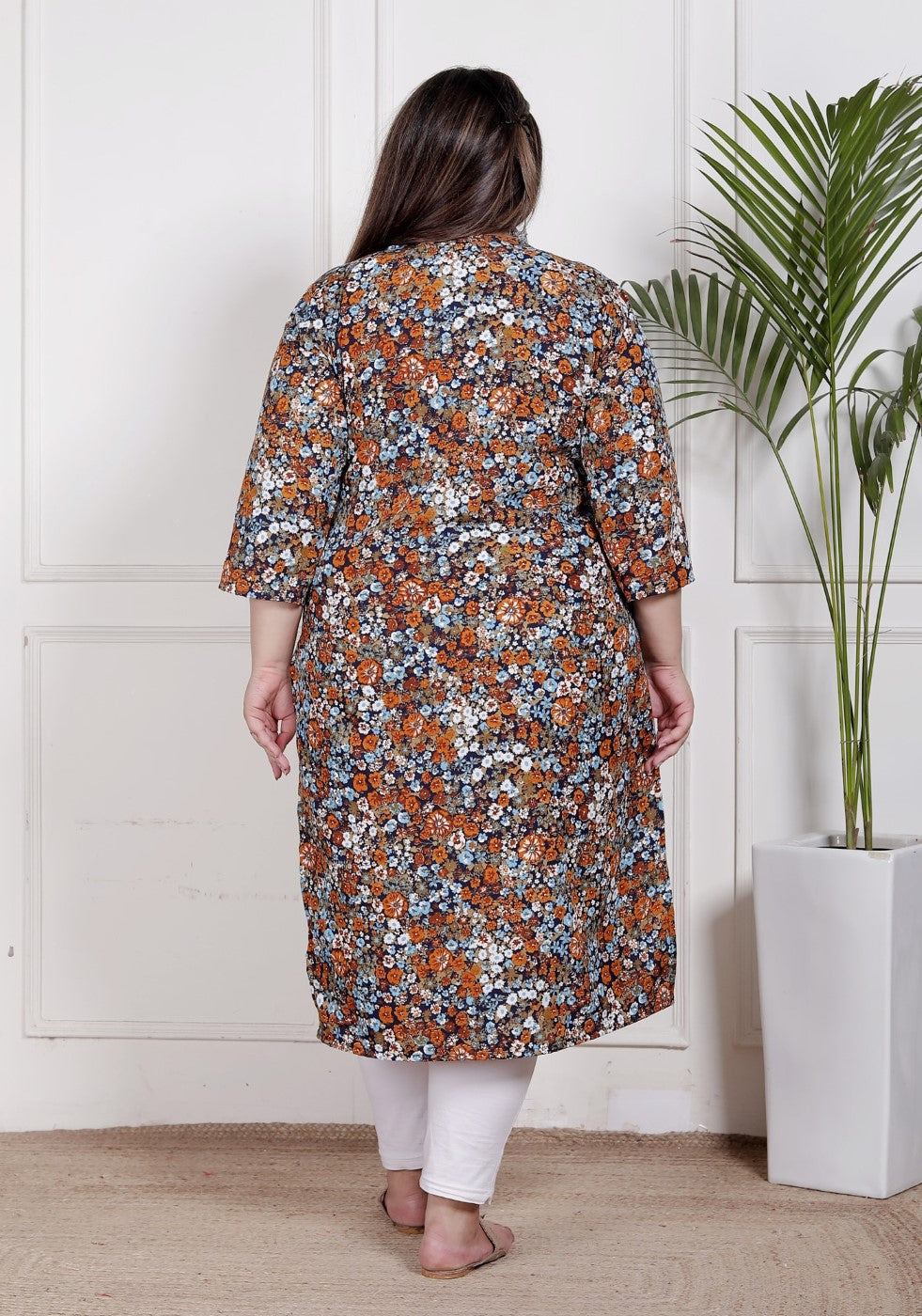 Plus Size Poly Crepe Floral Print  Straight Kurta Blue -100063