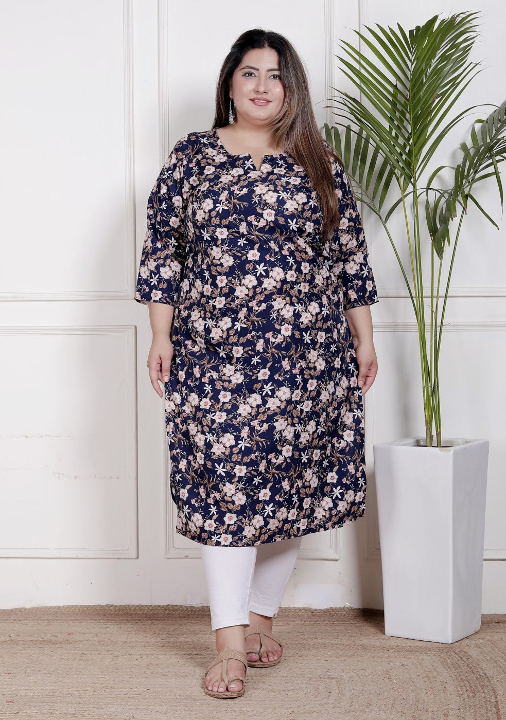 Plus Size Poly Crepe Floral Print  Straight Kurta Blue -100064 Main image