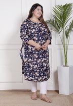 Plus Size Poly Crepe Floral Print  Straight Kurta Blue -100064