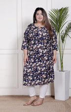 Plus Size Poly Crepe Floral Print  Straight Kurta Blue -100064