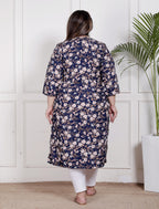 Plus Size Poly Crepe Floral Print  Straight Kurta Blue -100064