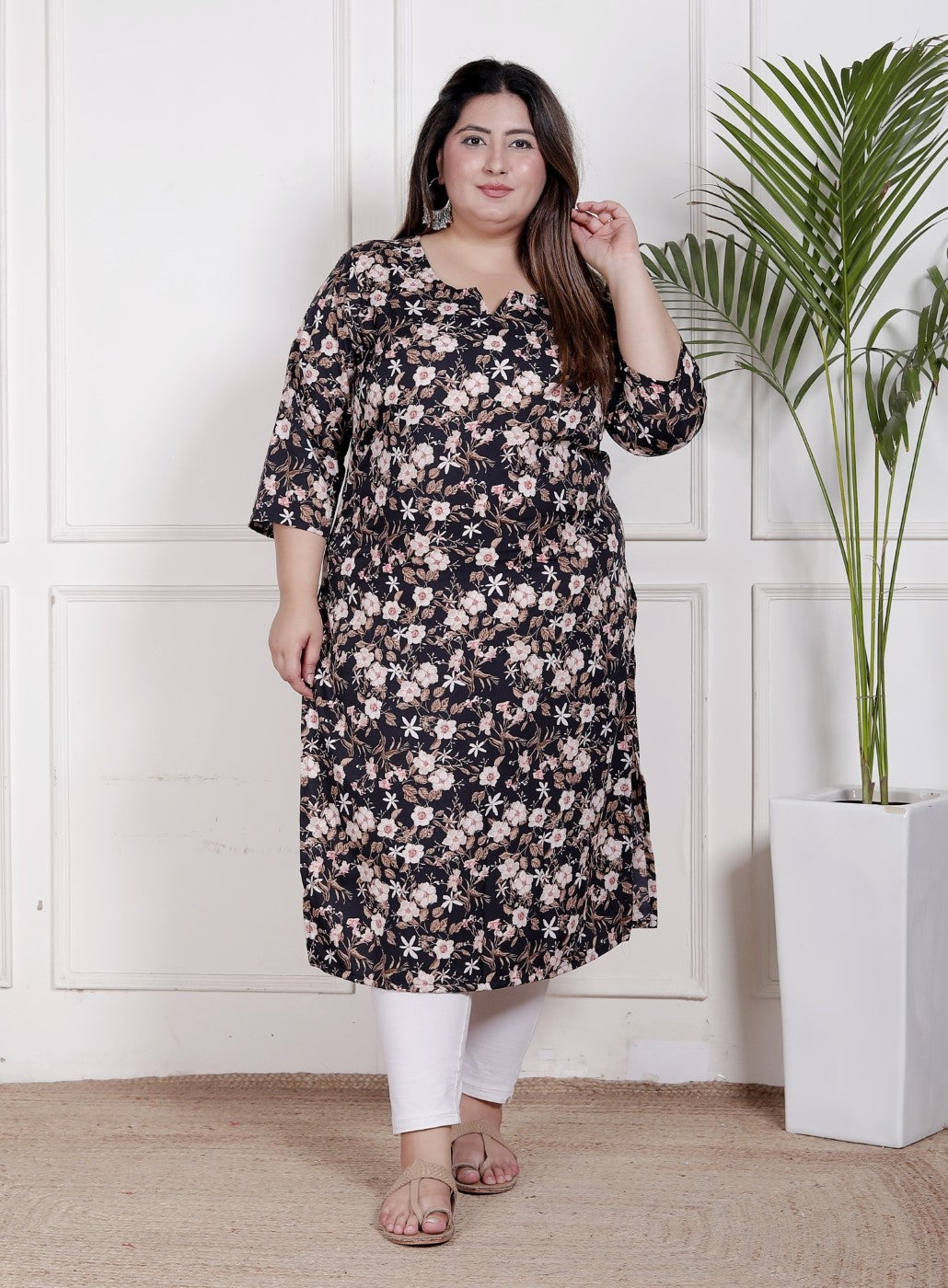 Plus Size Poly Crepe Floral Print  Straight Kurta Black-100065