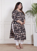Plus Size Poly Crepe Floral Print  Straight Kurta Black-100065