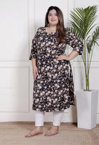 Plus Size Poly Crepe Floral Print  Straight Kurta Black-100065