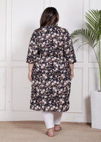 Plus Size Poly Crepe Floral Print  Straight Kurta Black-100065