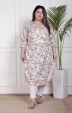 Plus Size Poly Crepe Floral Print  Straight Kurta White-100066