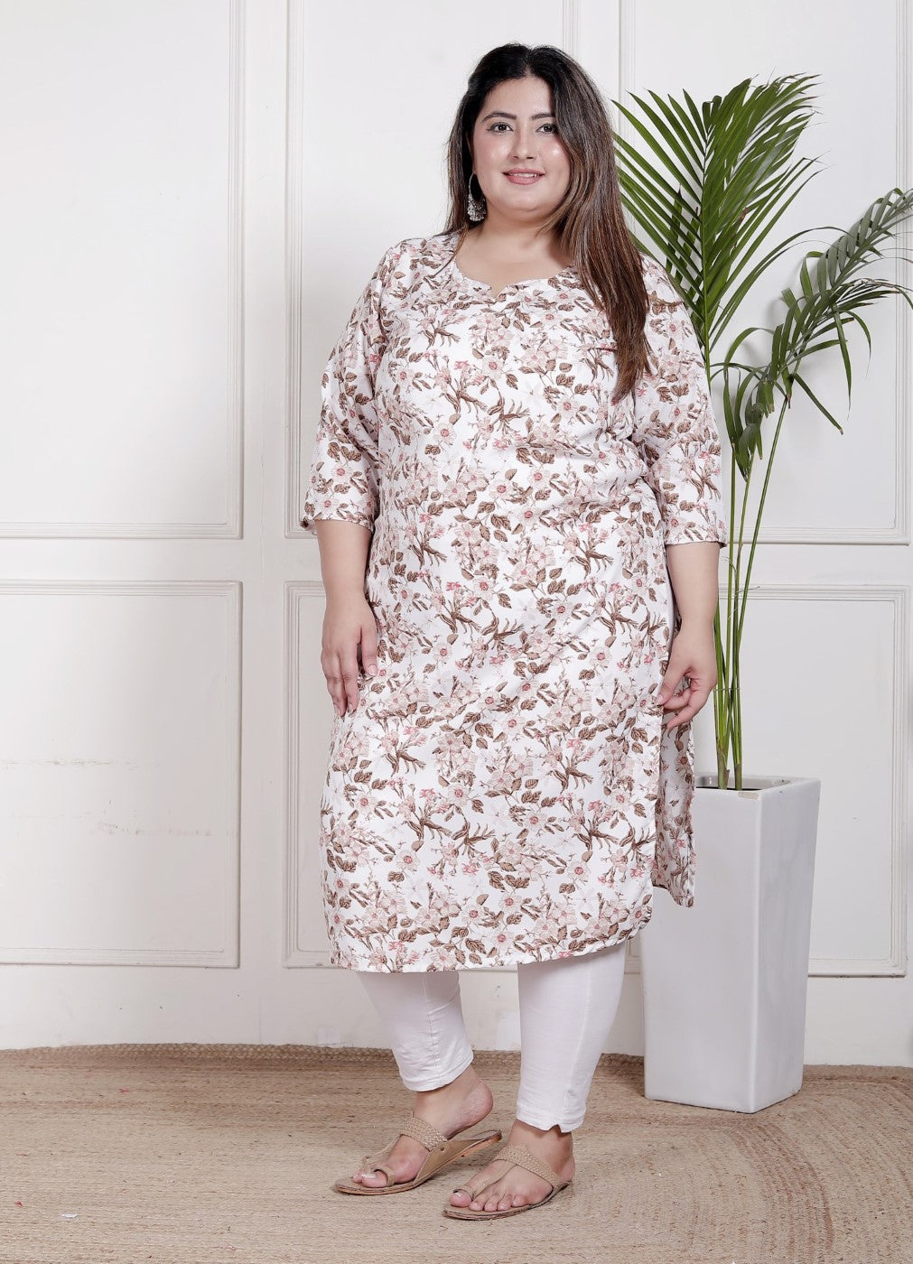 Plus Size Poly Crepe Floral Print  Straight Kurta White-100066
