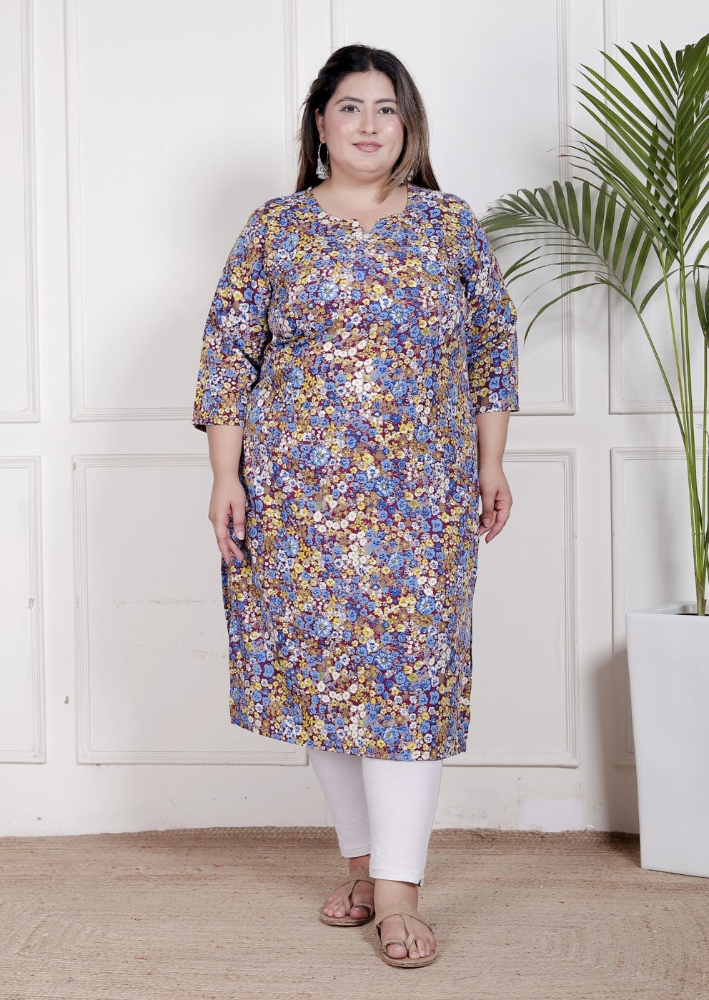 Plus Size Poly Crepe Floral Print  Straight Kurta Maroon-100067