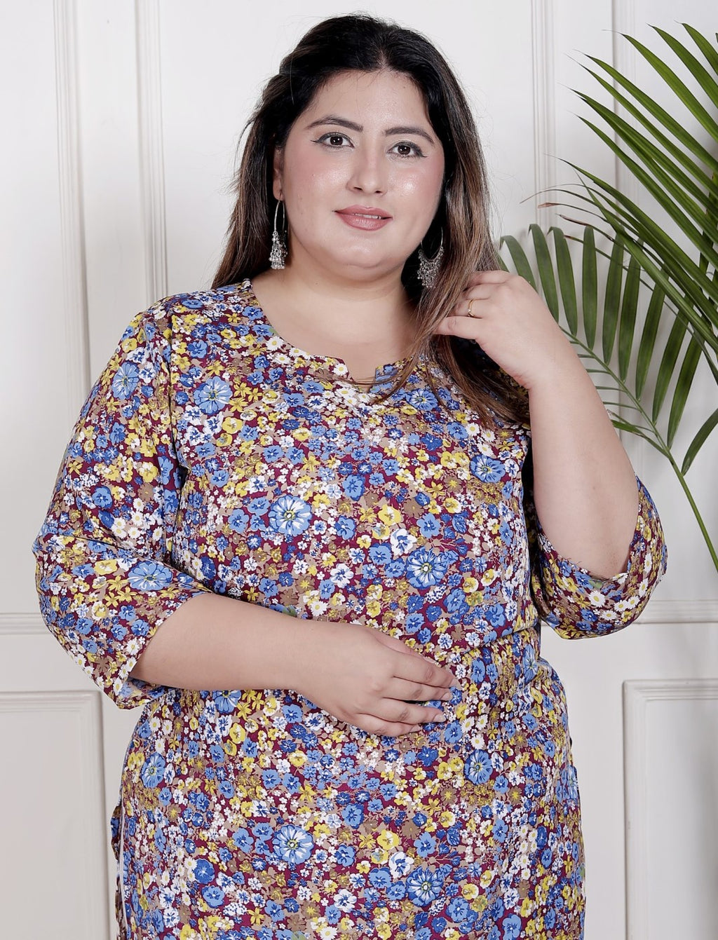 Plus Size Poly Crepe Floral Print  Straight Kurta Maroon-100067