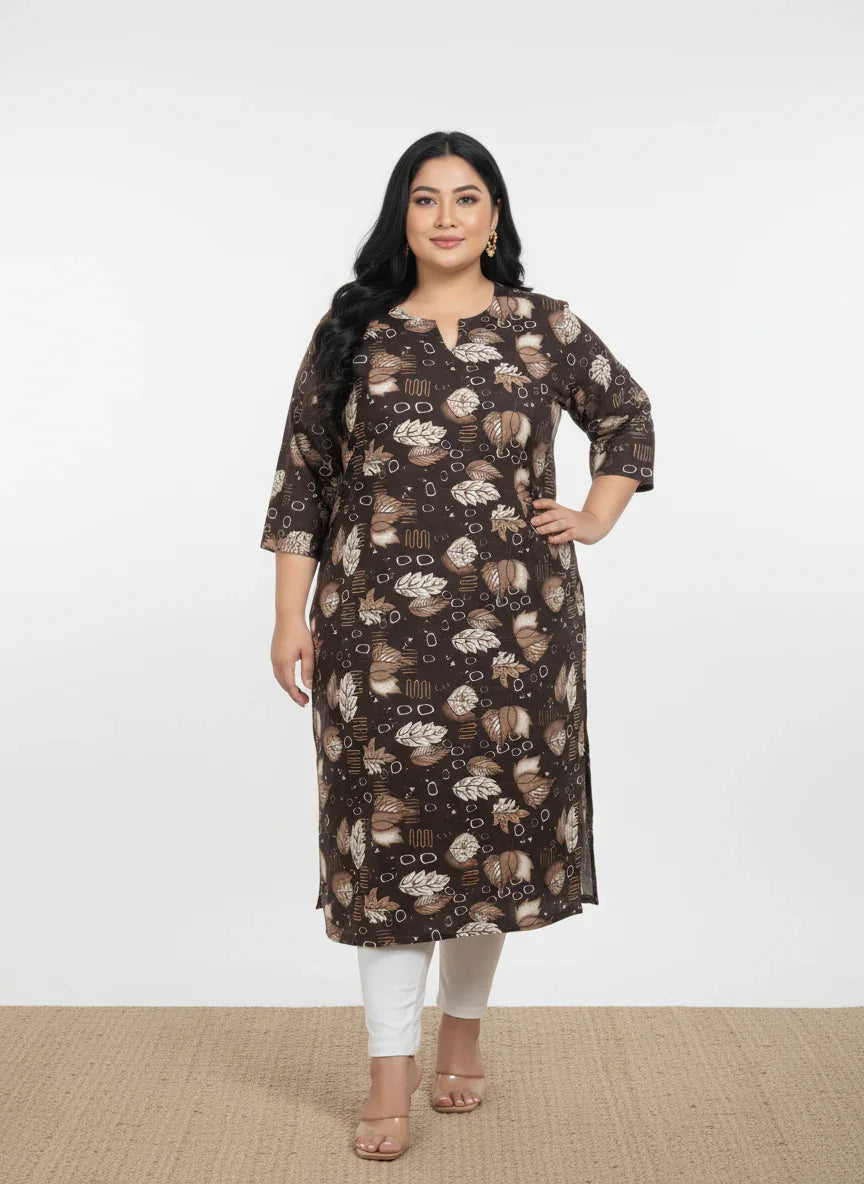 Plus Size Poly Crepe Floral Print  Straight Kurta Brown-100068 Main image
