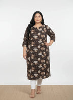 Plus Size Poly Crepe Floral Print  Straight Kurta Brown-100068