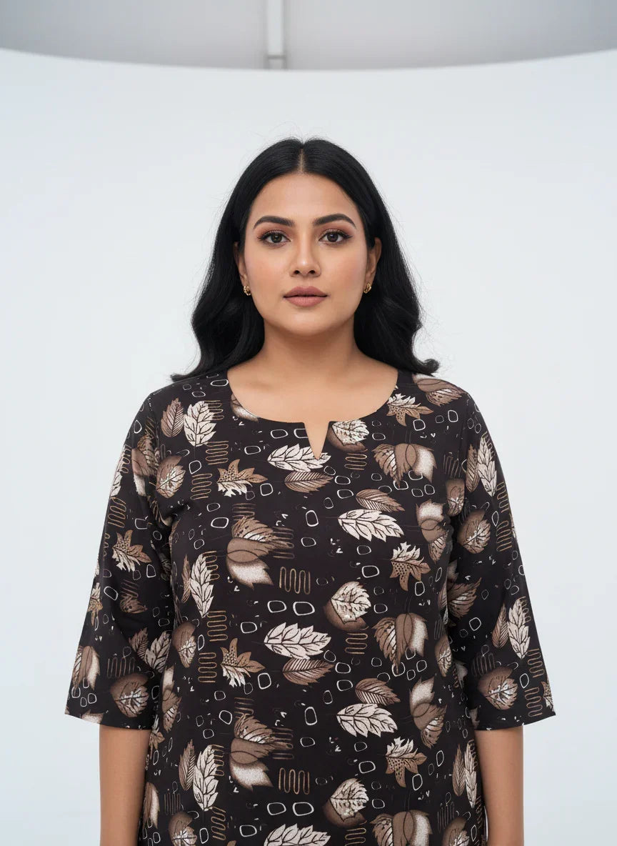 Plus Size Poly Crepe Floral Print  Straight Kurta Brown-100068