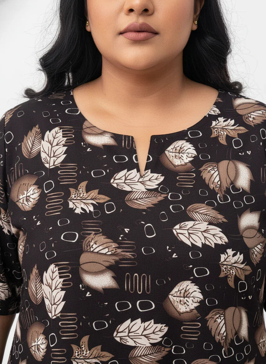 Plus Size Poly Crepe Floral Print  Straight Kurta Brown-100068