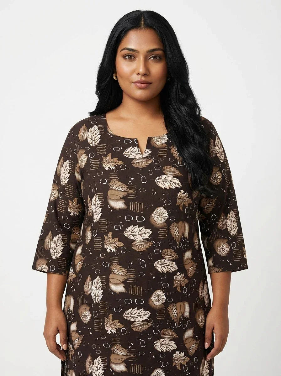 Plus Size Poly Crepe Floral Print  Straight Kurta Brown-100068