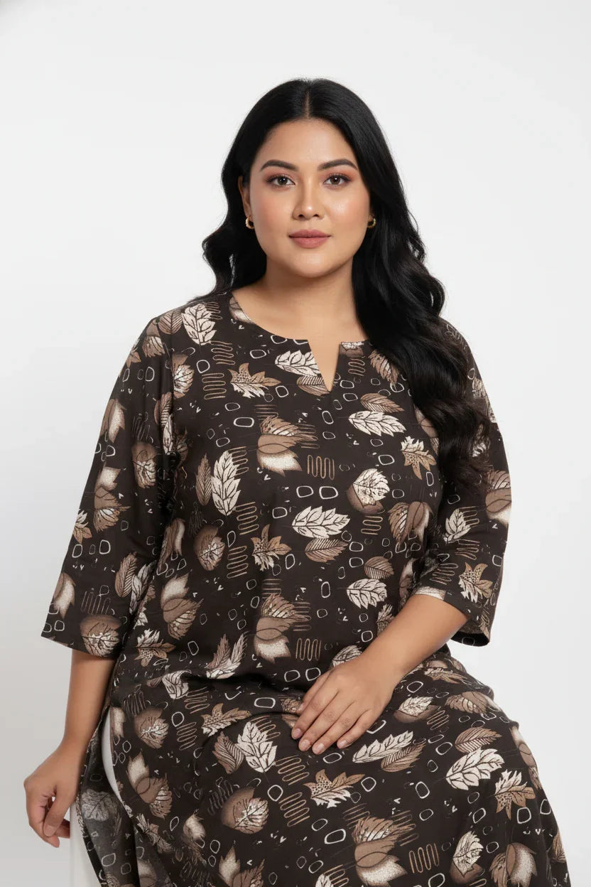 Plus Size Poly Crepe Floral Print  Straight Kurta Brown-100068
