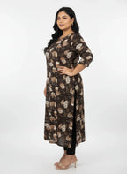 Plus Size Poly Crepe Floral Print  Straight Kurta Brown-100068