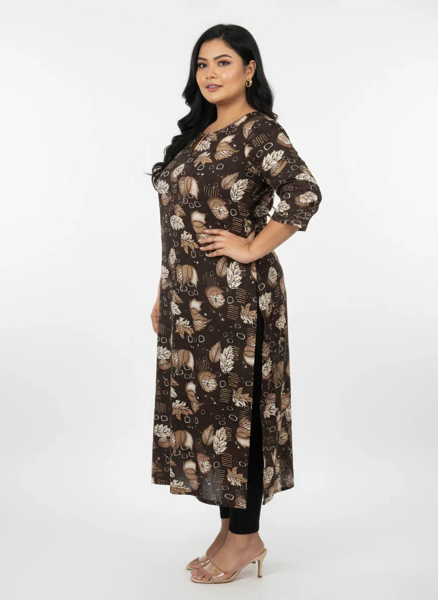 Plus Size Poly Crepe Floral Print  Straight Kurta Brown-100068