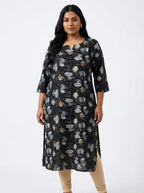 Plus Size Poly Crepe Floral Print  Straight Kurta Black-100069