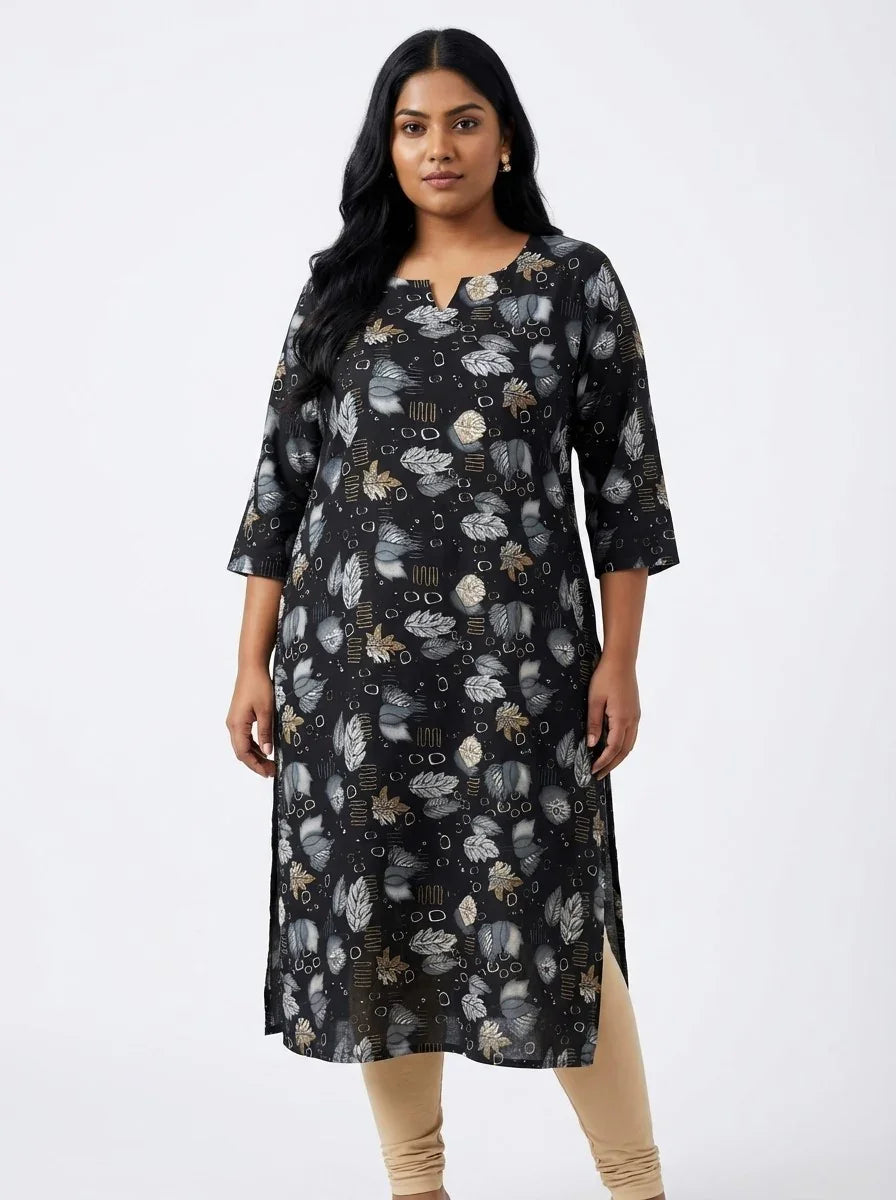 Plus Size Poly Crepe Floral Print  Straight Kurta Black-100069