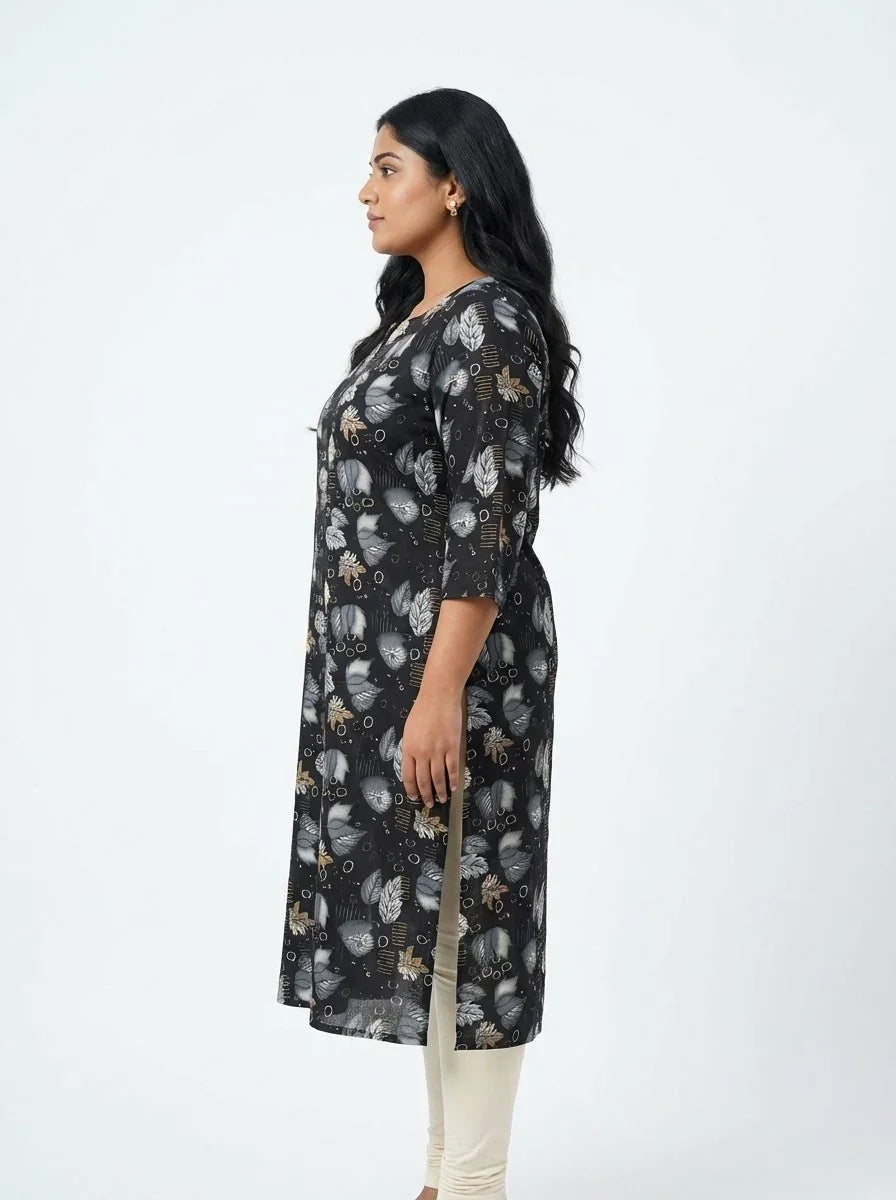Plus Size Poly Crepe Floral Print  Straight Kurta Black-100069