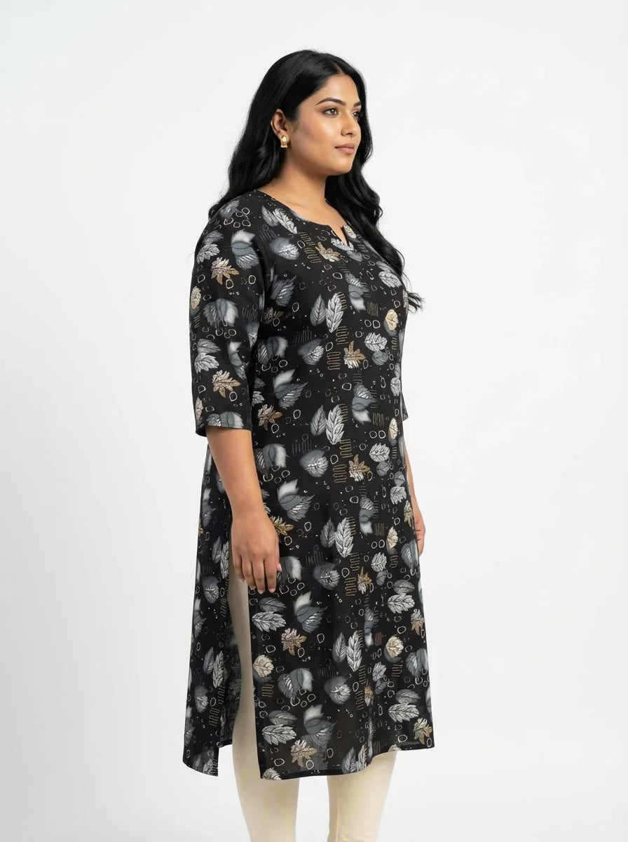 Plus Size Poly Crepe Floral Print  Straight Kurta Black-100069