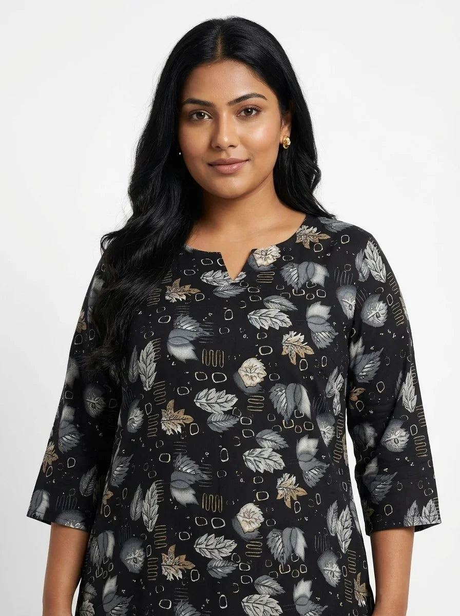 Plus Size Poly Crepe Floral Print  Straight Kurta Black-100069