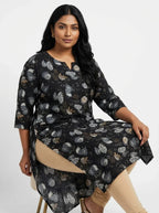 Plus Size Poly Crepe Floral Print  Straight Kurta Black-100069