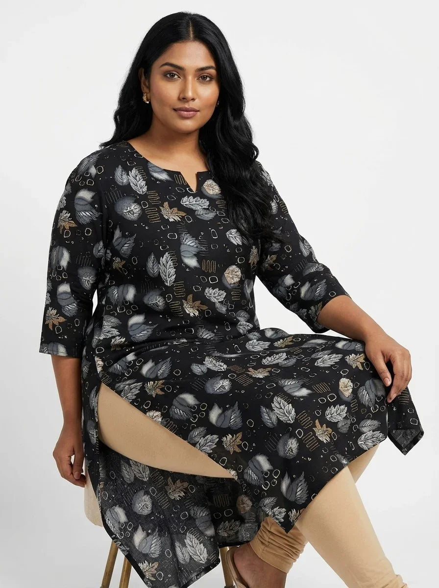 Plus Size Poly Crepe Floral Print  Straight Kurta Black-100069